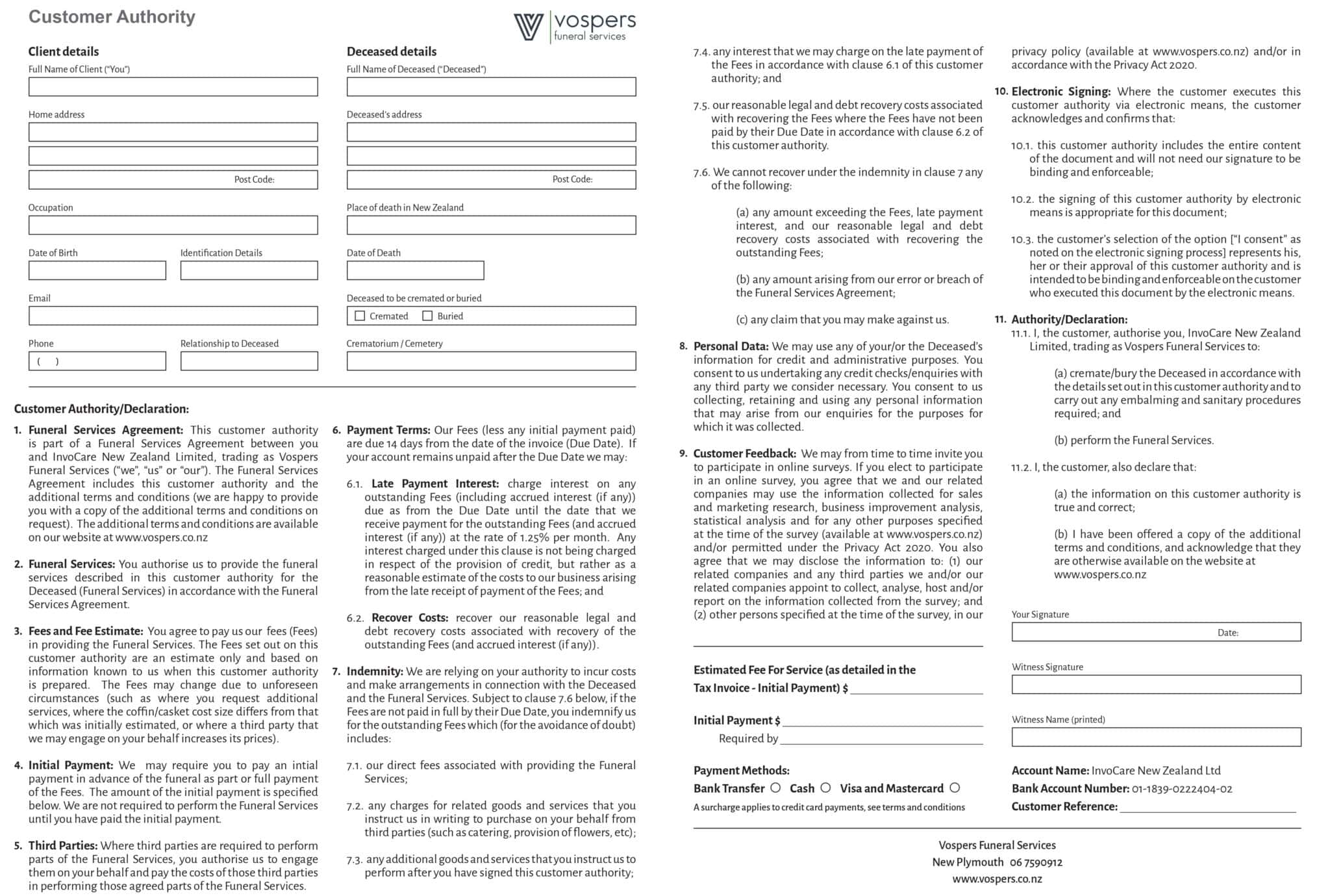 Vospers Funeral Services Customer Authority Form 2048x1379